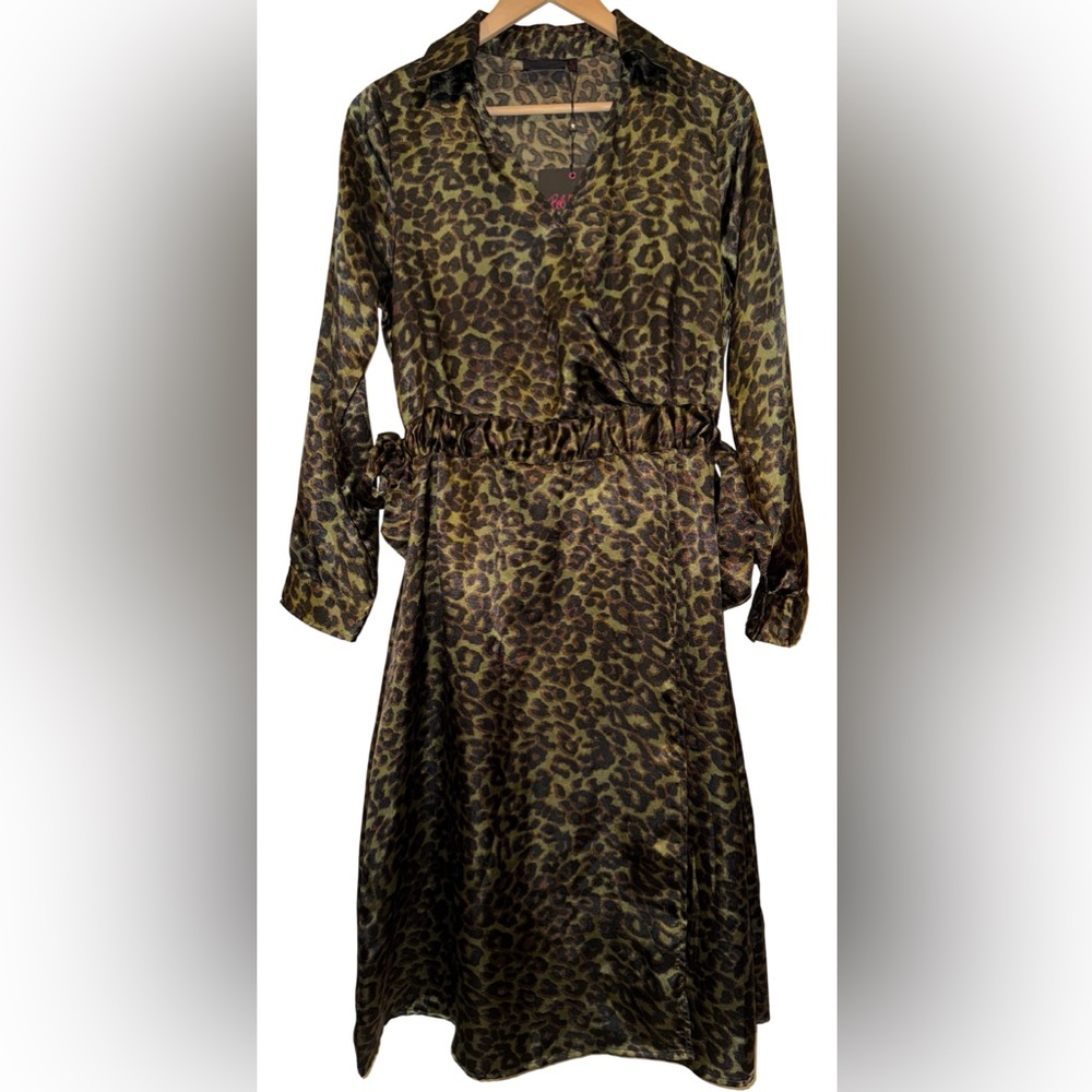 Bob Mackie Boutique Olive Leopard Print Faux Wrap Shirt Dress Vintage Size S